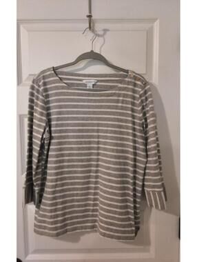 Liz Claiborne Gray and White Striped Long Sleeve Shirt with Button Detail
